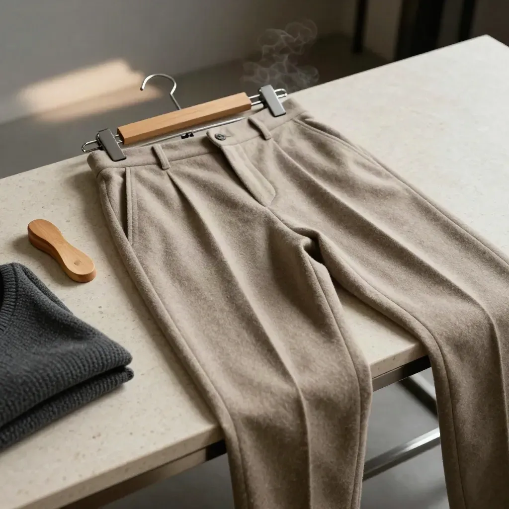 Pantaloni di lana pressati su gruccia in legno, con tendiscarpe e maglia piegata su pietra chiara.