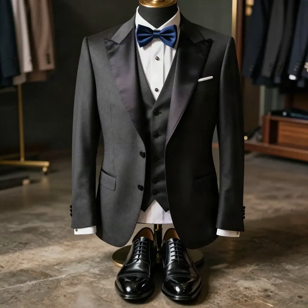 Smoking cerimonia su manichino con papillon blu, gilet e scarpe lucide in atelier sartoriale.
