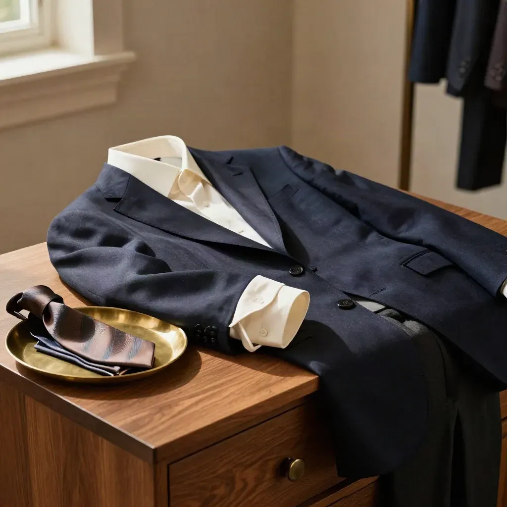 Composizione sartoriale con giacca blu, camicia avorio, pantaloni antracite e accessori su fondo caldo.