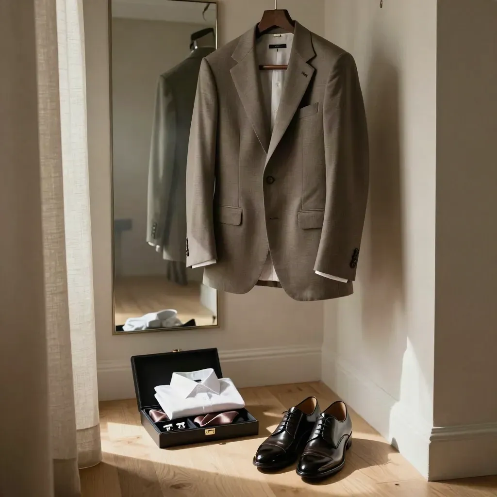 Giacca da sposo, camicia bianca, scarpe lucide e scatola accessori in una stanza sartoriale.