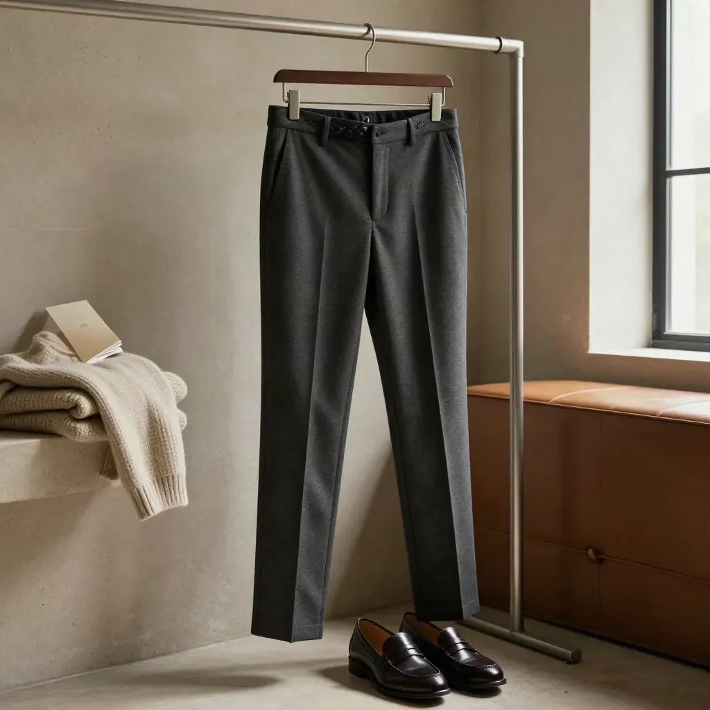 Pantaloni sartoriali antracite con cintura, mocassini e maglia piegata in un angolo elegante.