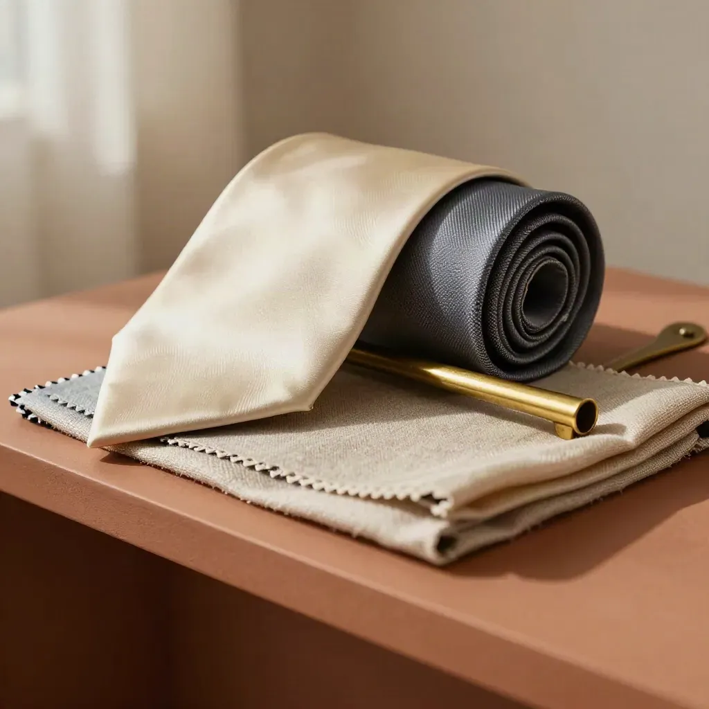 Cravatte di seta, pochette e campioni tessuto con fermacollo in ottone su mensola sartoriale.