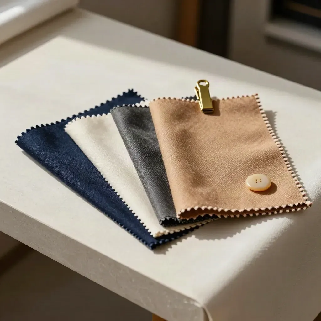 Campioni di tessuto sartoriale con clip in ottone e bottone in corno su fondo avorio