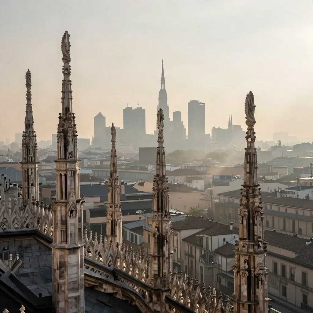 Duomo di Milano che emerge dalla nebbia all’alba sopra i tetti della città