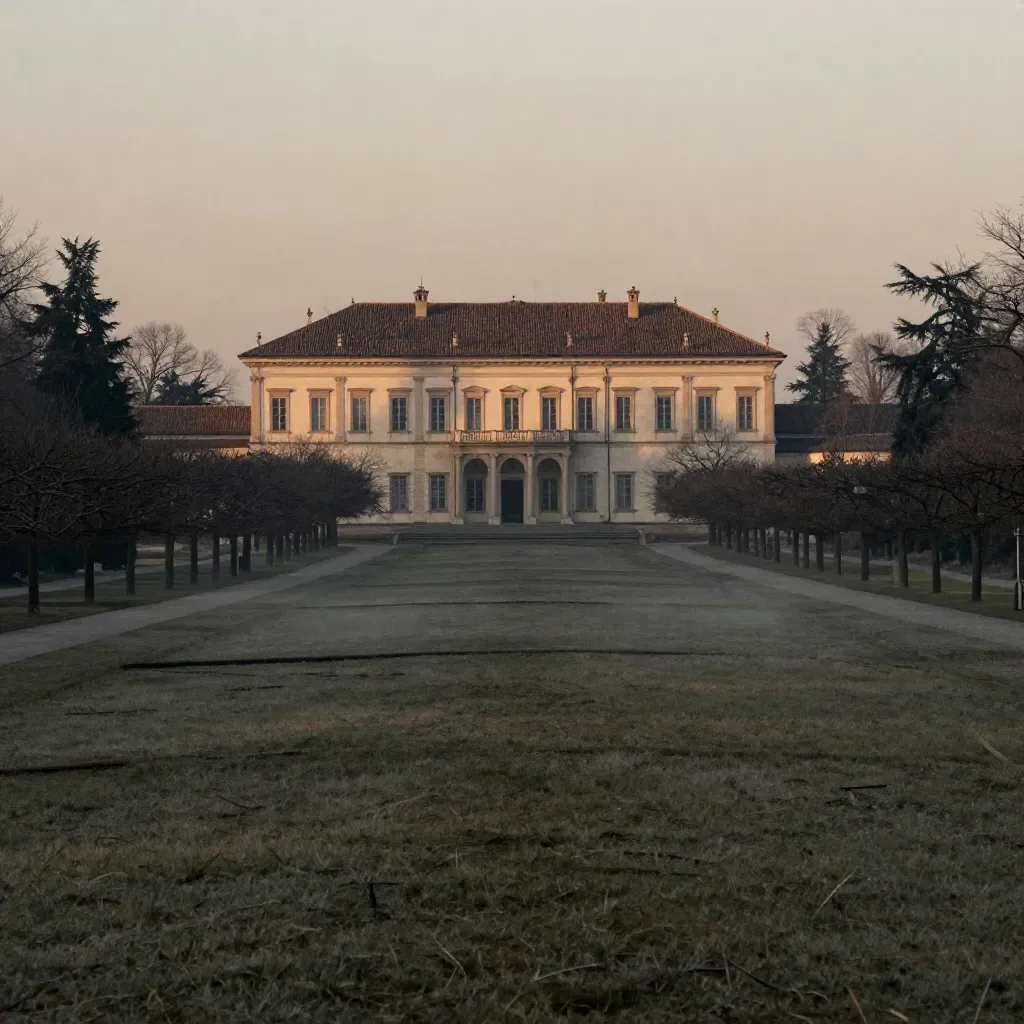 Villa Reale di Monza tra viali del parco e alberi invernali, luce dorata del tardo pomeriggio.