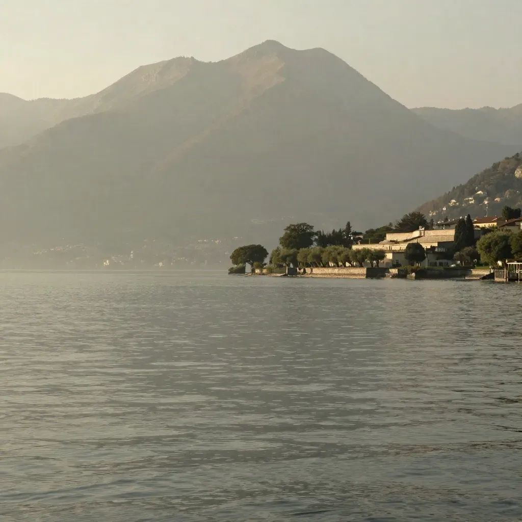 Lago di Como con monti lontani e acqua calma avvolta da nebbia alpina